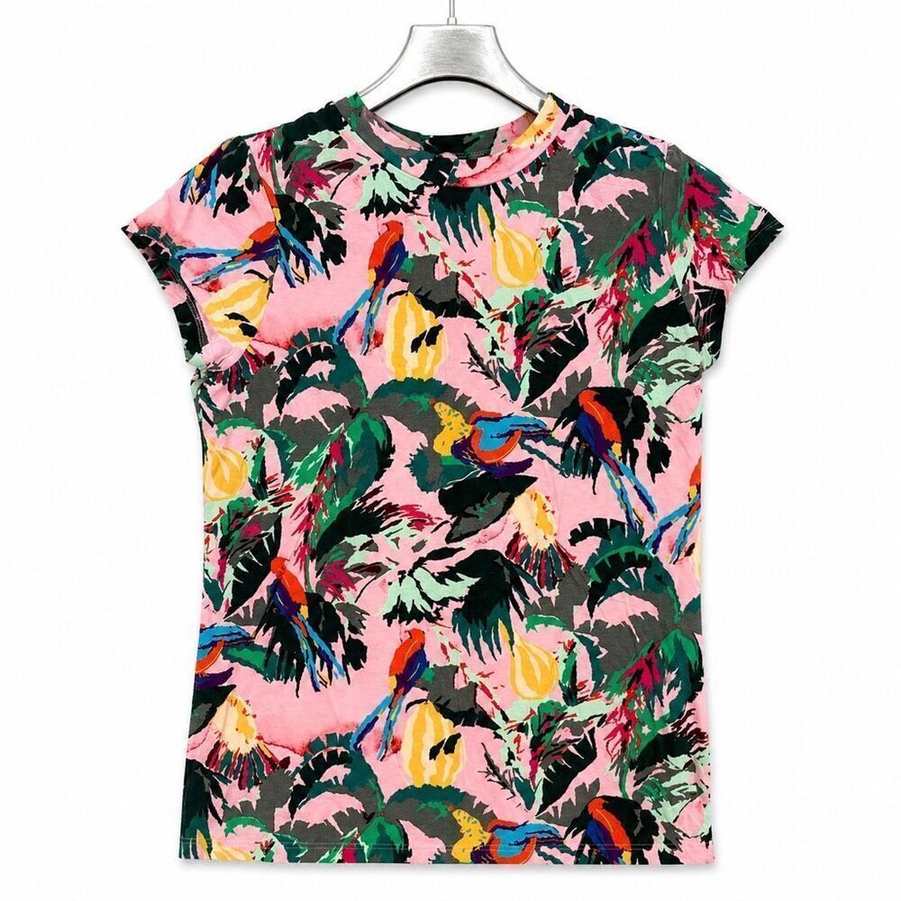 & Other Stories Tropical Bird Print Top Pink Short Sleeves Cotton Tee US 4
